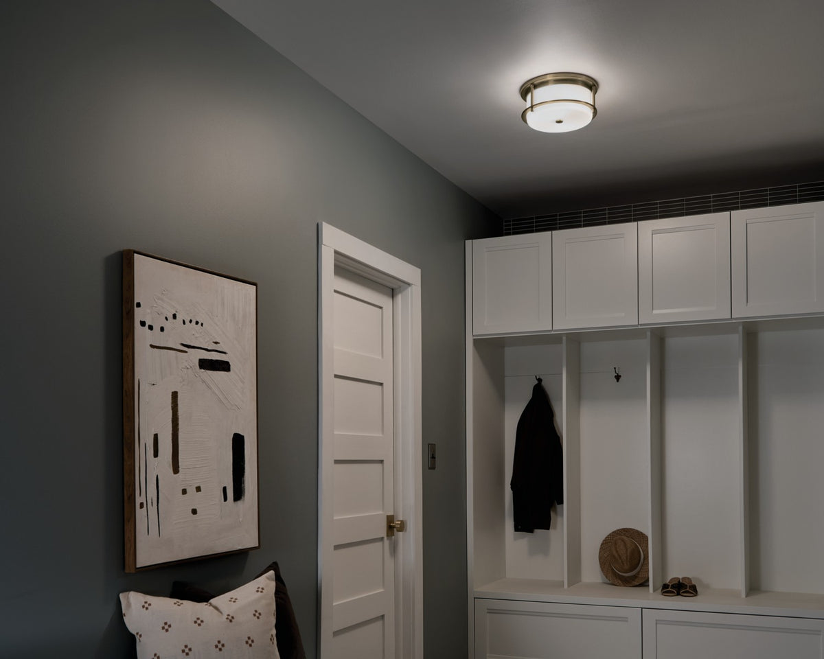 KICHLER 52595CPZ Brit 12 Inch 2 Light Flush Mount With Satin Etched Cased Opal Glass In Champagne Bronze