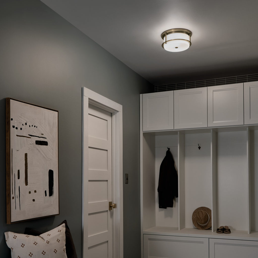 KICHLER 52595CPZ Brit 12 Inch 2 Light Flush Mount With Satin Etched Cased Opal Glass In Champagne Bronze