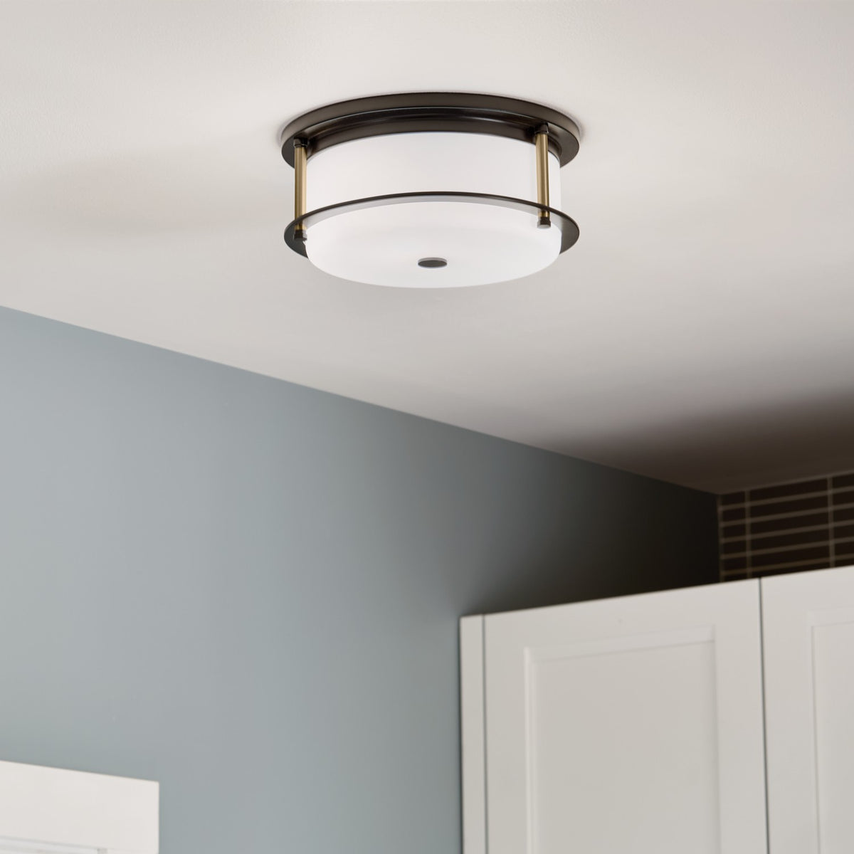 KICHLER 52595BKCPZ Brit 12 Inch 2 Light Flush Mount With Satin Etched Cased Opal Glass In Black And Champagne Bronze