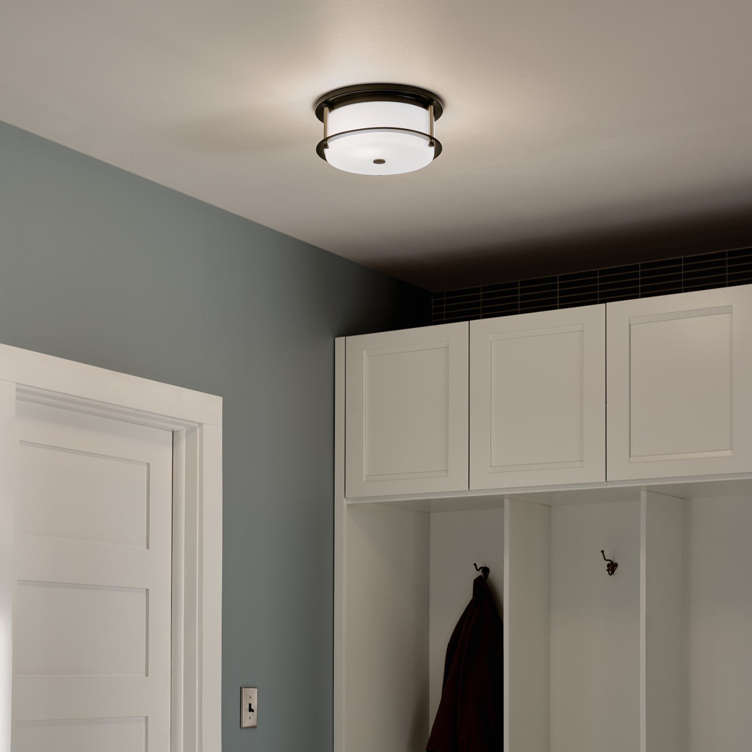 KICHLER 52595BKCPZ Brit 12 Inch 2 Light Flush Mount With Satin Etched Cased Opal Glass In Black And Champagne Bronze