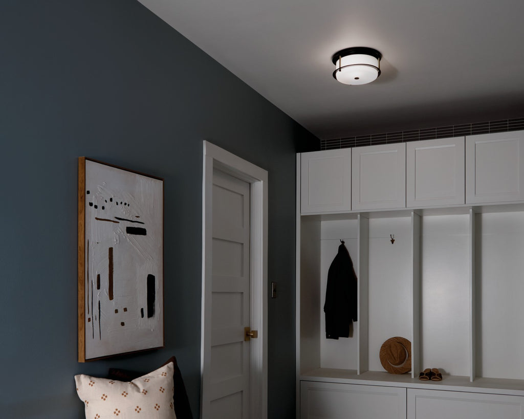 KICHLER 52595BKCPZ Brit 12 Inch 2 Light Flush Mount With Satin Etched Cased Opal Glass In Black And Champagne Bronze