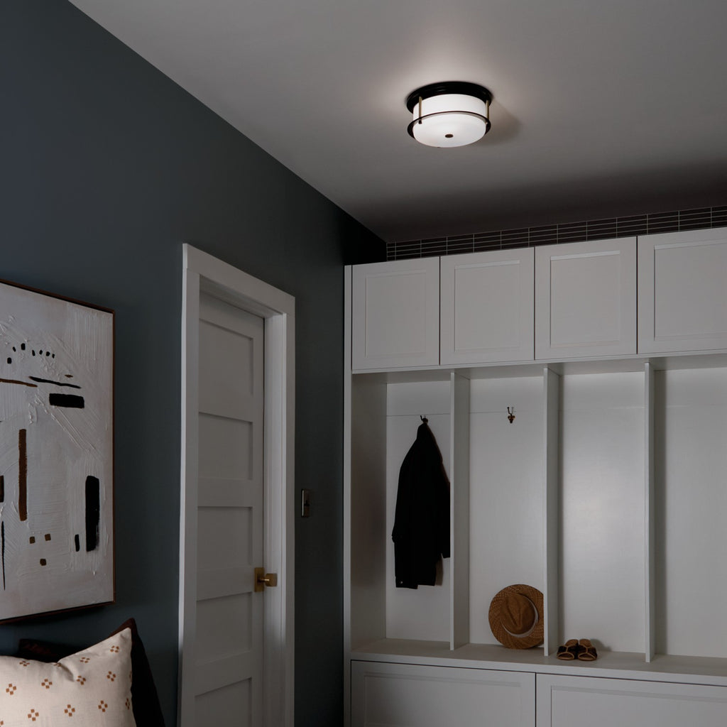 KICHLER 52595BKCPZ Brit 12 Inch 2 Light Flush Mount With Satin Etched Cased Opal Glass In Black And Champagne Bronze