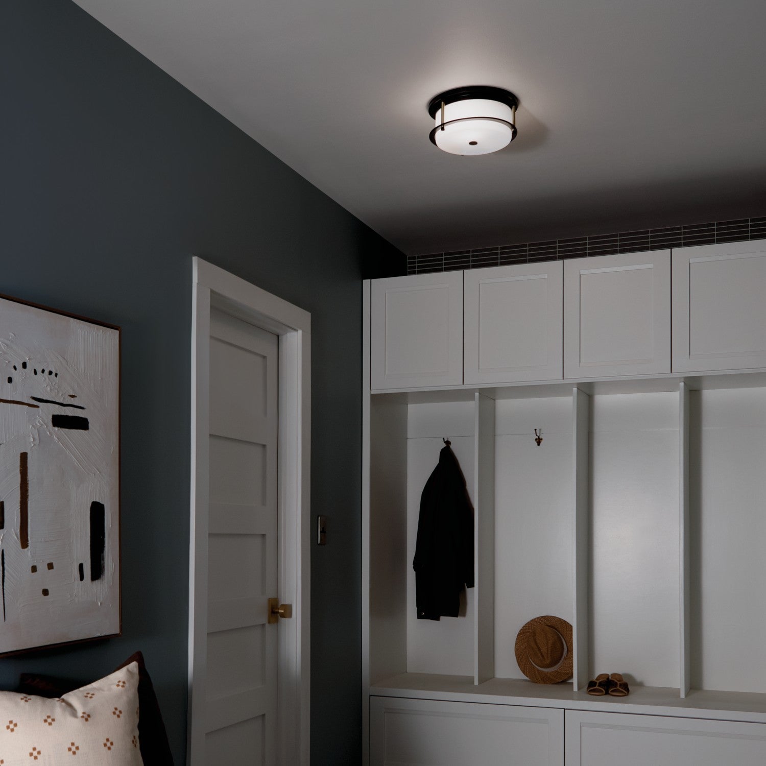 KICHLER 52595BKCPZ Brit 12 Inch 2 Light Flush Mount With Satin Etched Cased Opal Glass In Black And Champagne Bronze