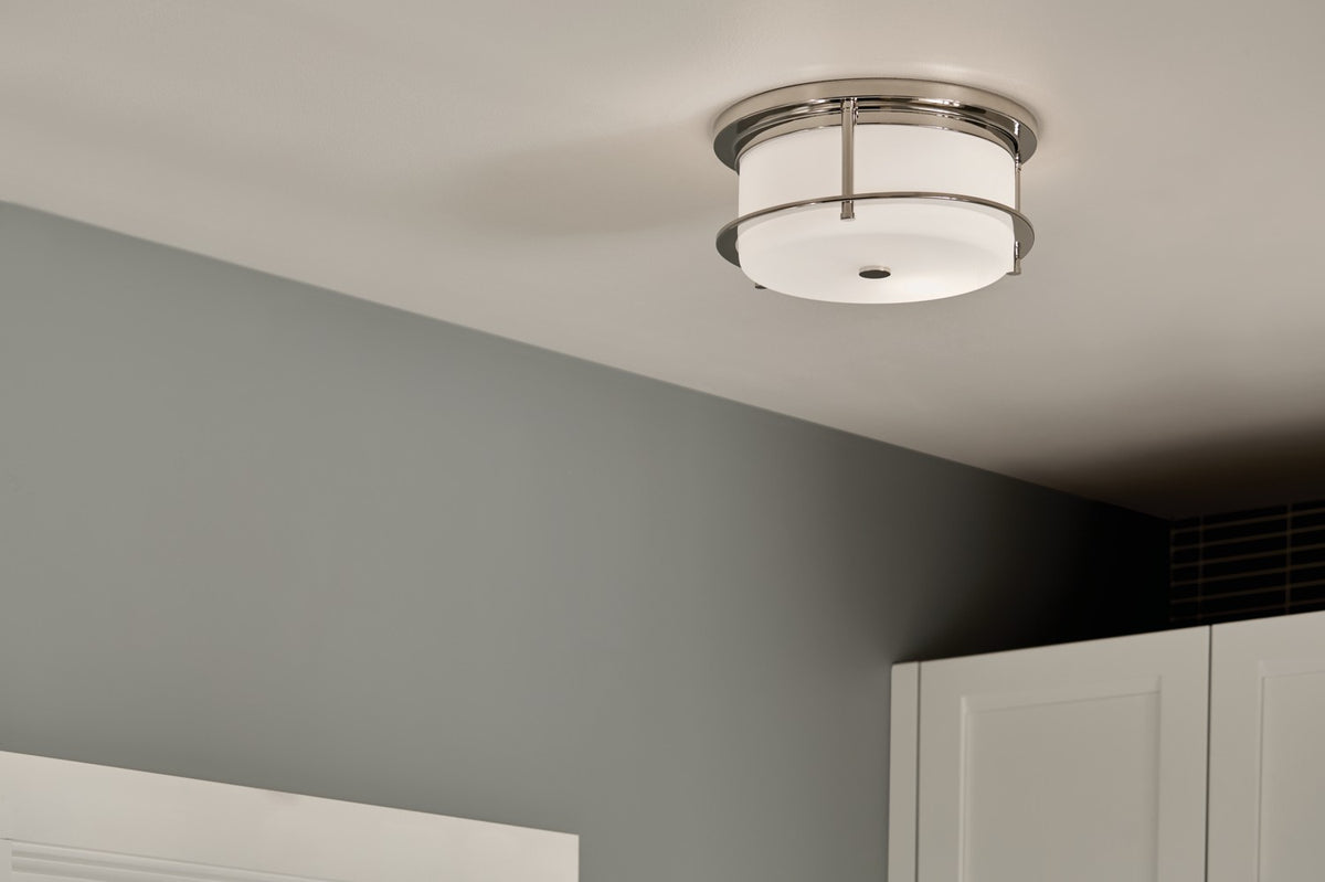 KICHLER 52595PN Brit 12 Inch 2 Light Flush Mount With Satin Etched Cased Opal Glass In Polished Nickel