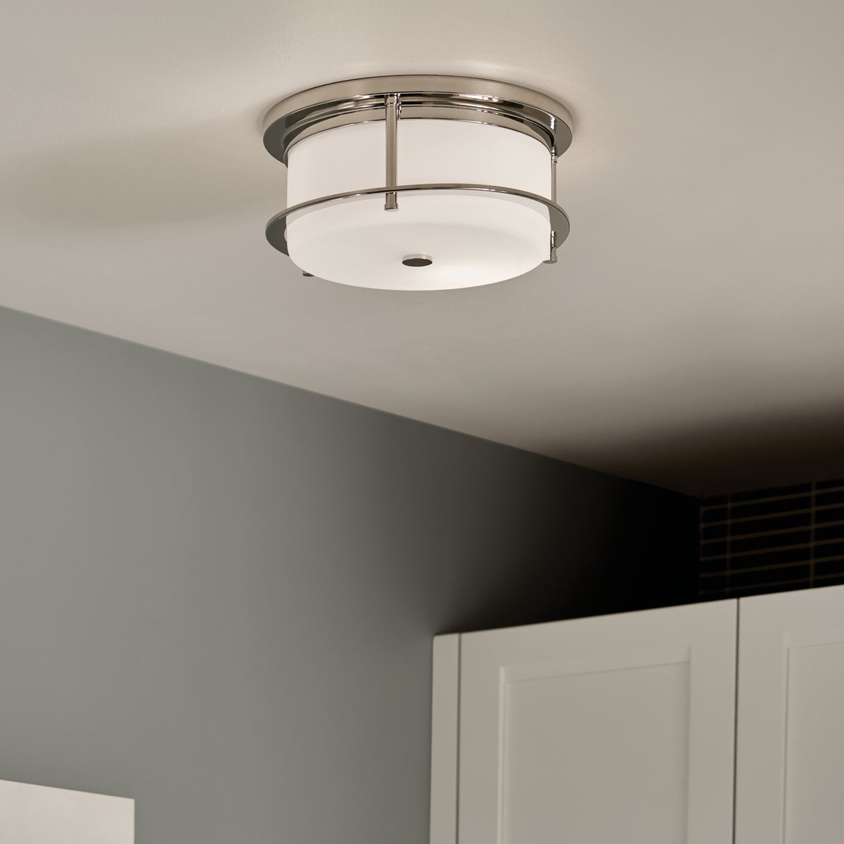 KICHLER 52595PN Brit 12 Inch 2 Light Flush Mount With Satin Etched Cased Opal Glass In Polished Nickel