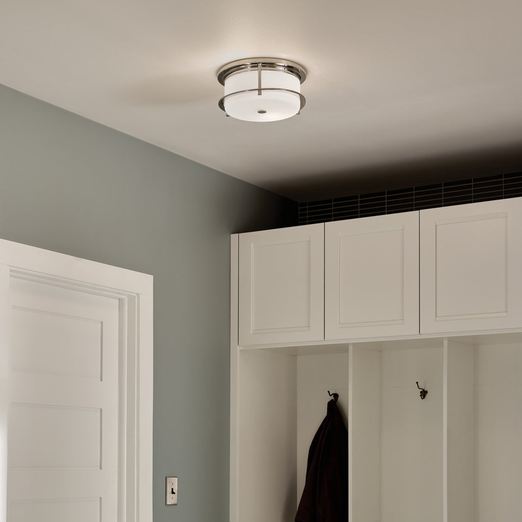 KICHLER 52595PN Brit 12 Inch 2 Light Flush Mount With Satin Etched Cased Opal Glass In Polished Nickel