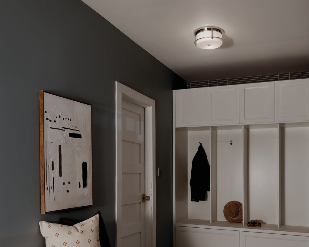 KICHLER 52595PN Brit 12 Inch 2 Light Flush Mount With Satin Etched Cased Opal Glass In Polished Nickel