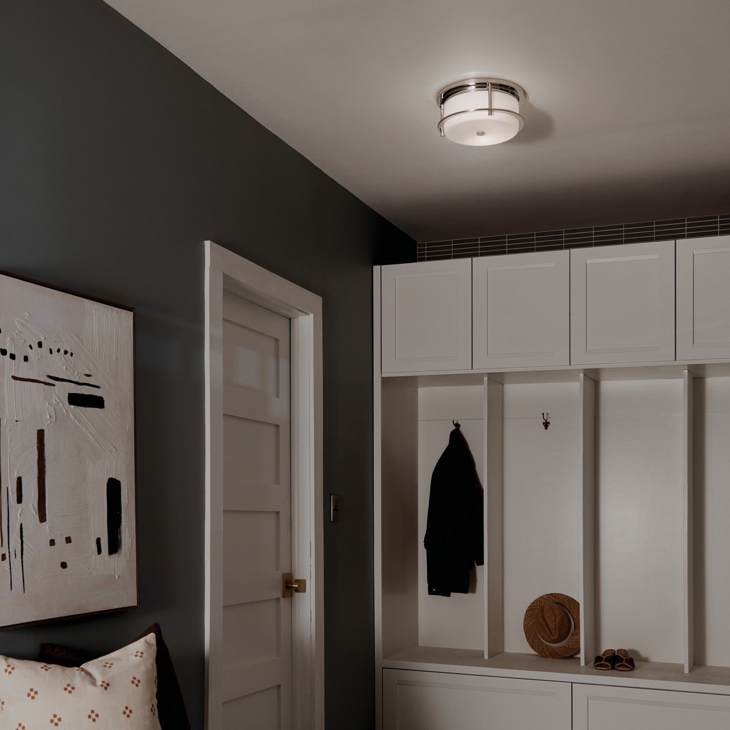 KICHLER 52595PN Brit 12 Inch 2 Light Flush Mount With Satin Etched Cased Opal Glass In Polished Nickel