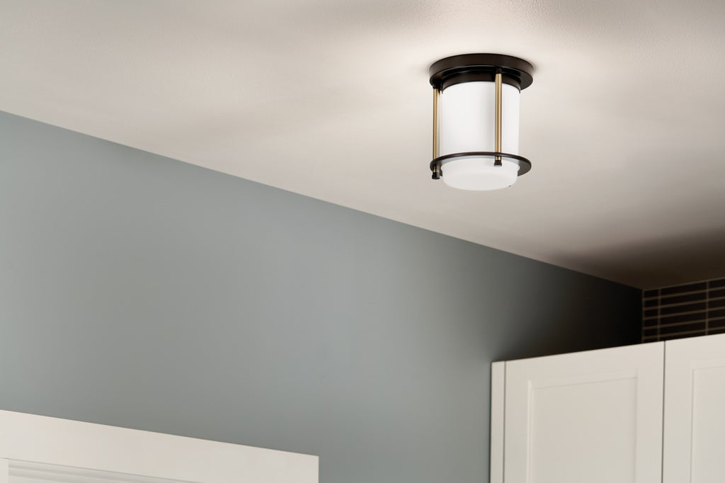 KICHLER 52596BKCPZ Brit 7.25 Inch 1 Light Flush Mount With Satin Etched Cased Opal Glass In Black And Champagne Bronze