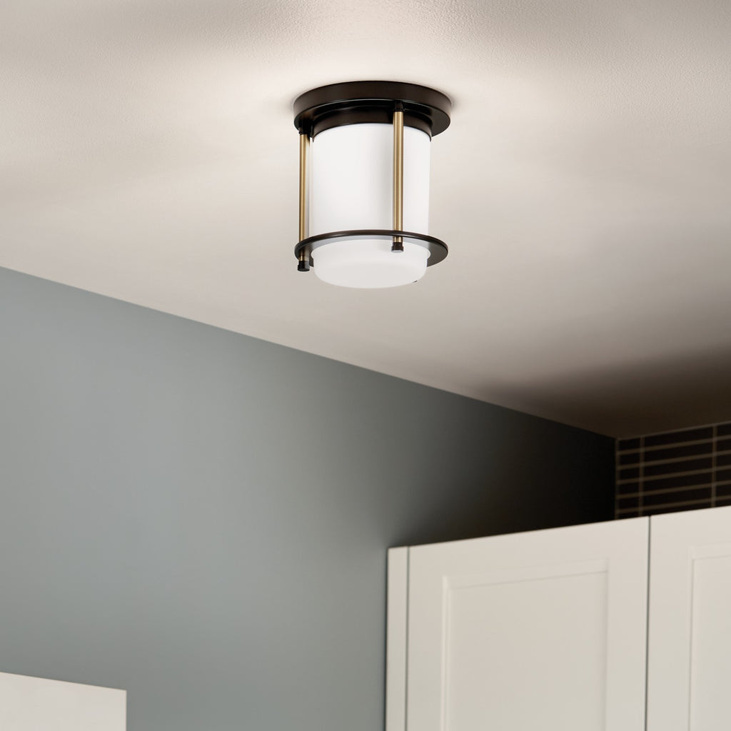 KICHLER 52596BKCPZ Brit 7.25 Inch 1 Light Flush Mount With Satin Etched Cased Opal Glass In Black And Champagne Bronze