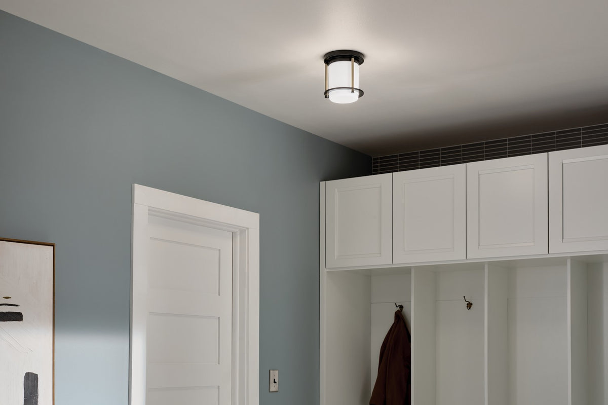KICHLER 52596BKCPZ Brit 7.25 Inch 1 Light Flush Mount With Satin Etched Cased Opal Glass In Black And Champagne Bronze