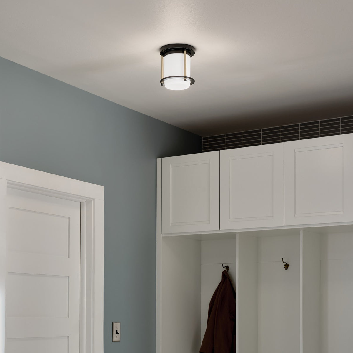 KICHLER 52596BKCPZ Brit 7.25 Inch 1 Light Flush Mount With Satin Etched Cased Opal Glass In Black And Champagne Bronze