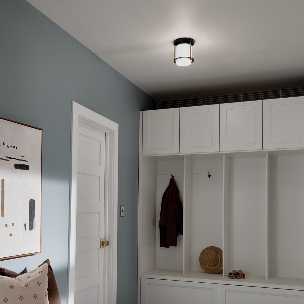 KICHLER 52596BKCPZ Brit 7.25 Inch 1 Light Flush Mount With Satin Etched Cased Opal Glass In Black And Champagne Bronze