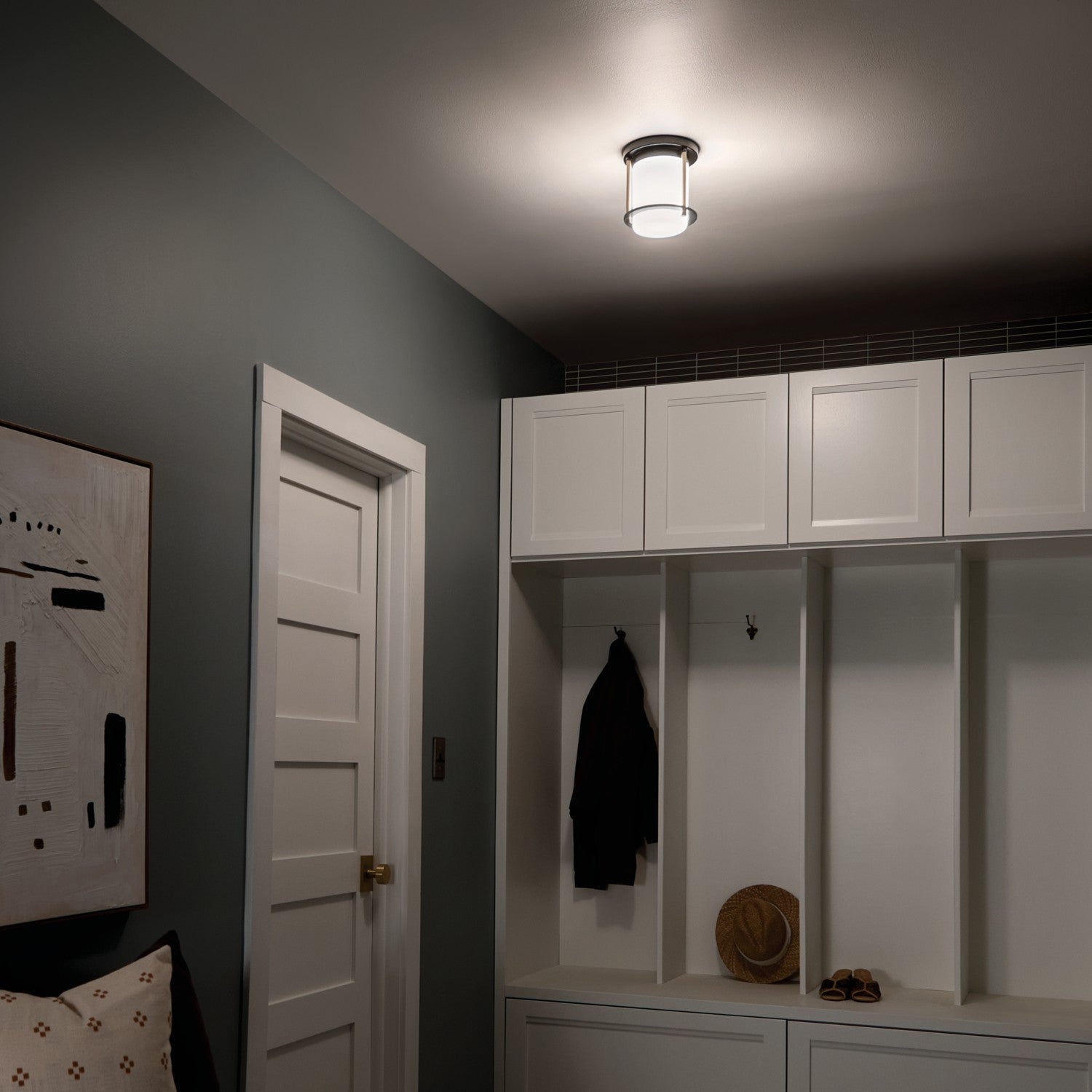 KICHLER 52596BKCPZ Brit 7.25 Inch 1 Light Flush Mount With Satin Etched Cased Opal Glass In Black And Champagne Bronze