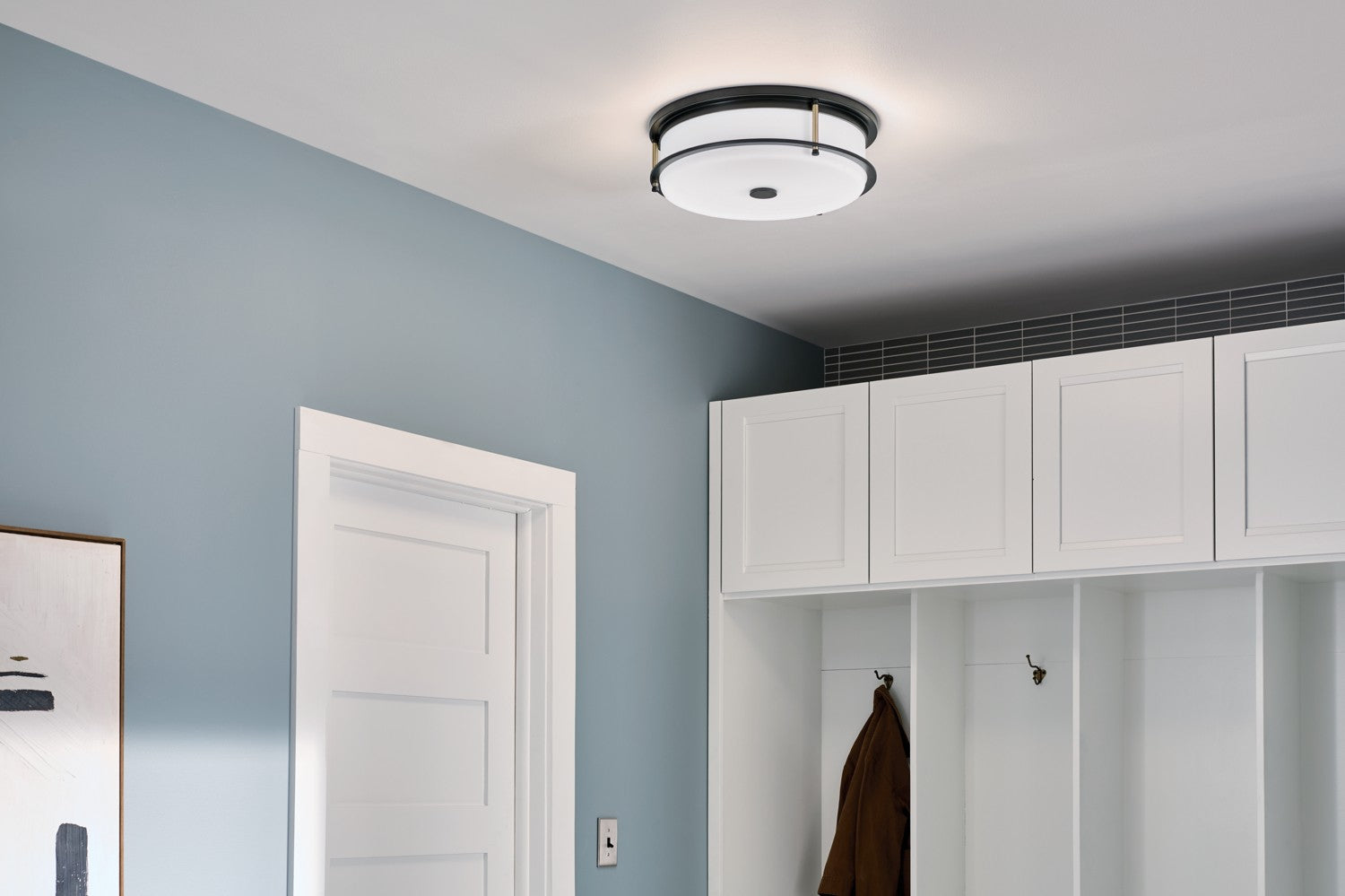KICHLER 52597BKCPZ Brit 18 Inch 4 Light Flush Mount With Satin Etched Cased Opal Glass In Black And Champagne Bronze