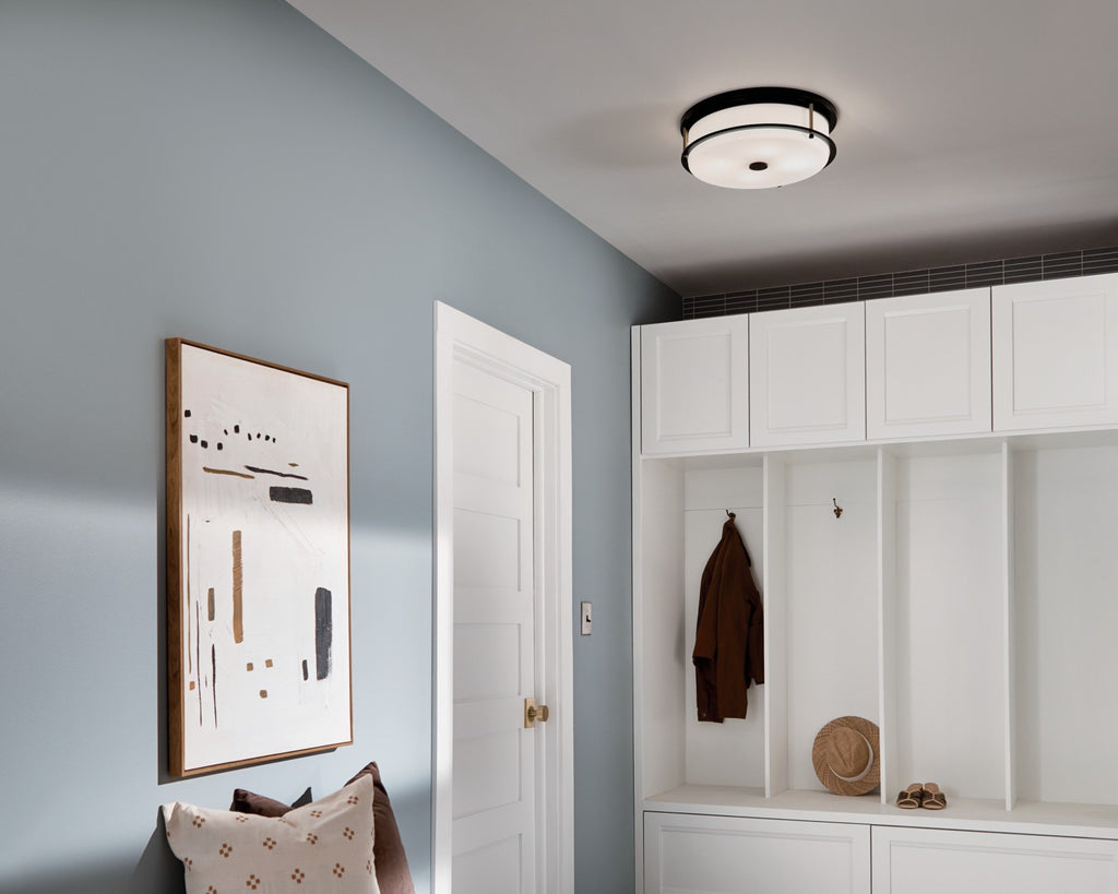 KICHLER 52597BKCPZ Brit 18 Inch 4 Light Flush Mount With Satin Etched Cased Opal Glass In Black And Champagne Bronze