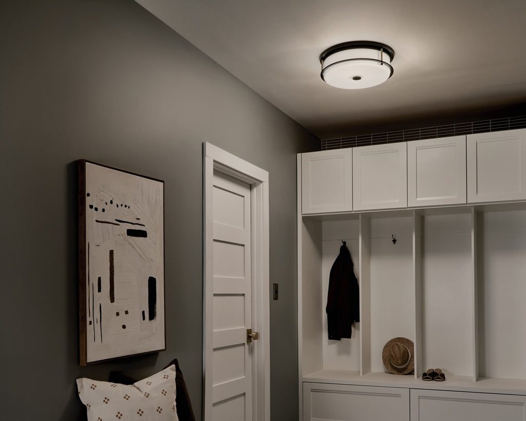 KICHLER 52597BKCPZ Brit 18 Inch 4 Light Flush Mount With Satin Etched Cased Opal Glass In Black And Champagne Bronze