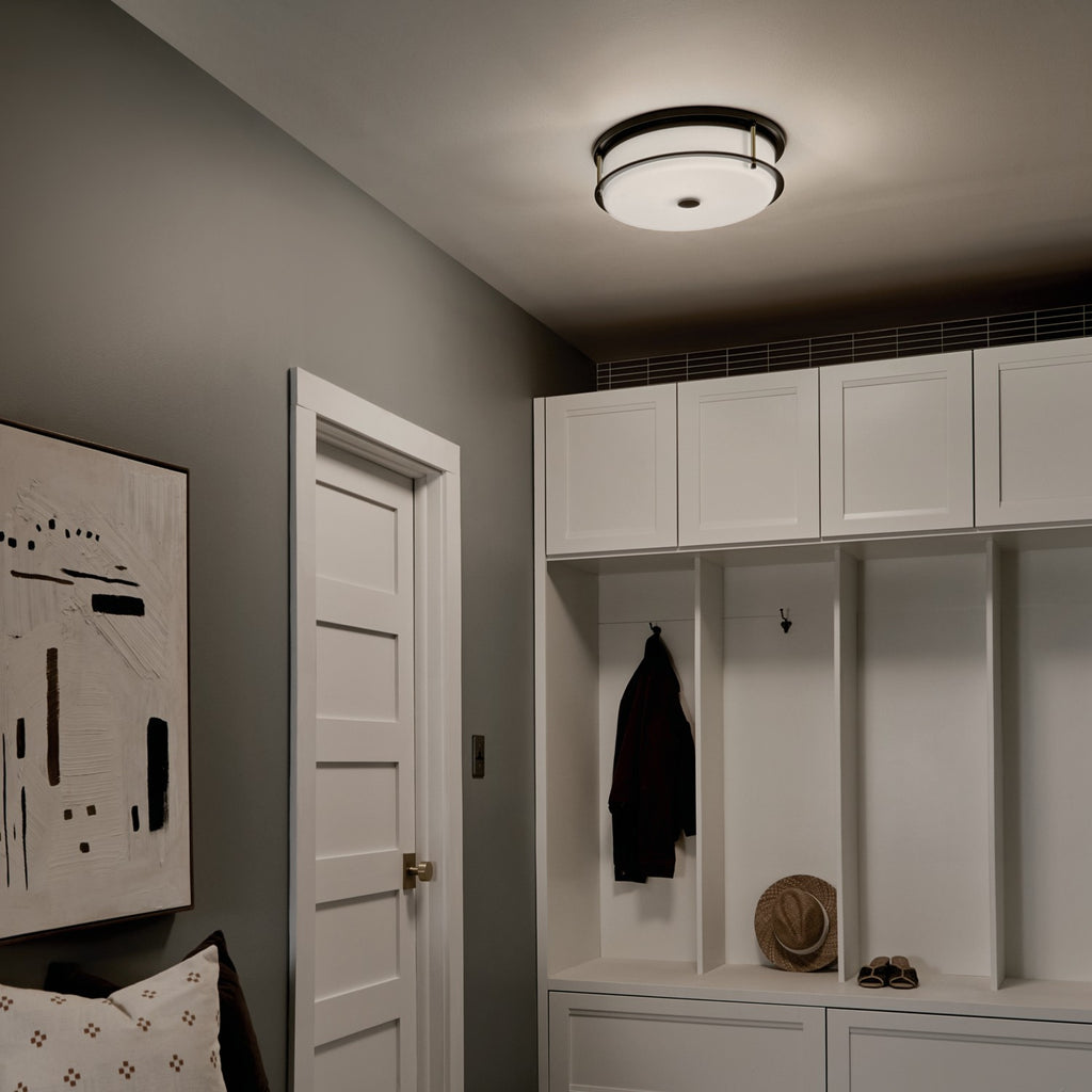KICHLER 52597BKCPZ Brit 18 Inch 4 Light Flush Mount With Satin Etched Cased Opal Glass In Black And Champagne Bronze