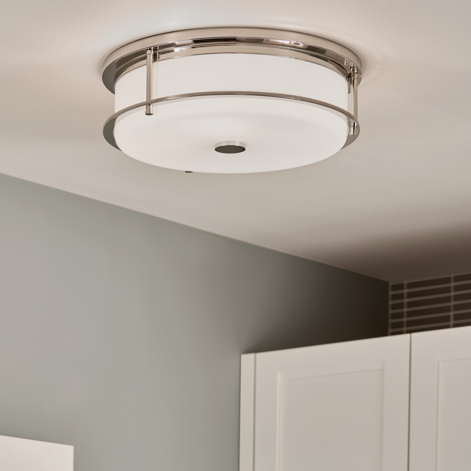 KICHLER 52597PN Brit 18 Inch 4 Light Flush Mount With Satin Etched Cased Opal Glass In Polished Nickel