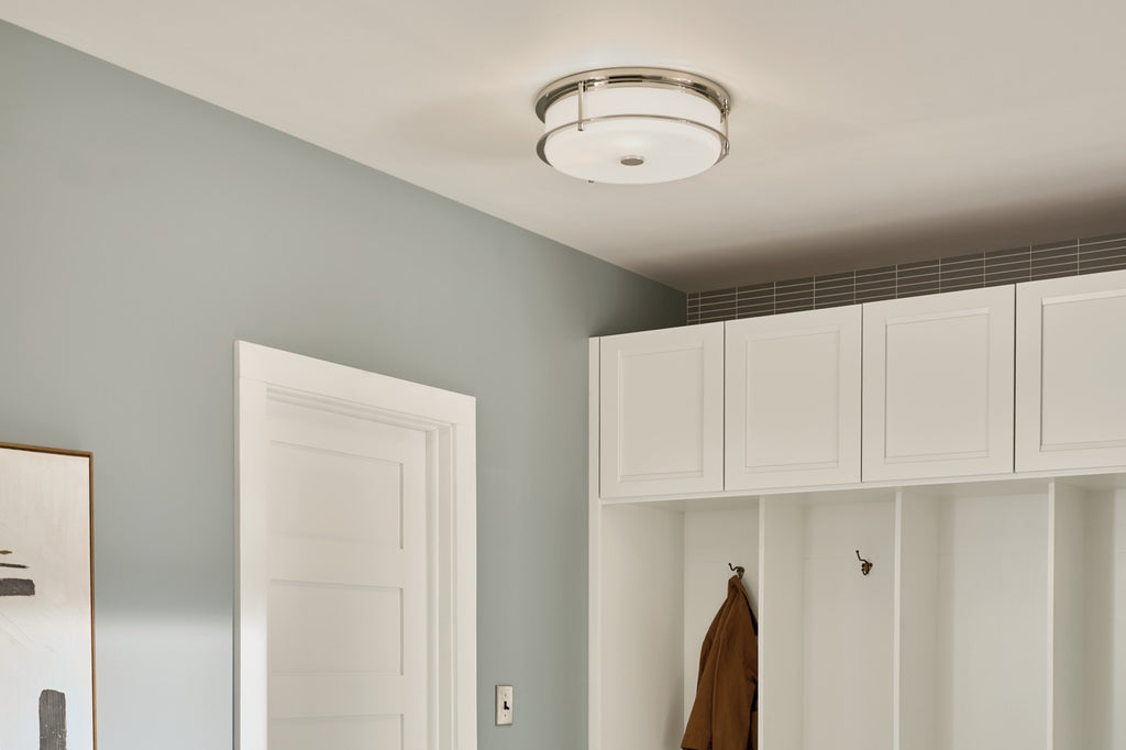 KICHLER 52597PN Brit 18 Inch 4 Light Flush Mount With Satin Etched Cased Opal Glass In Polished Nickel