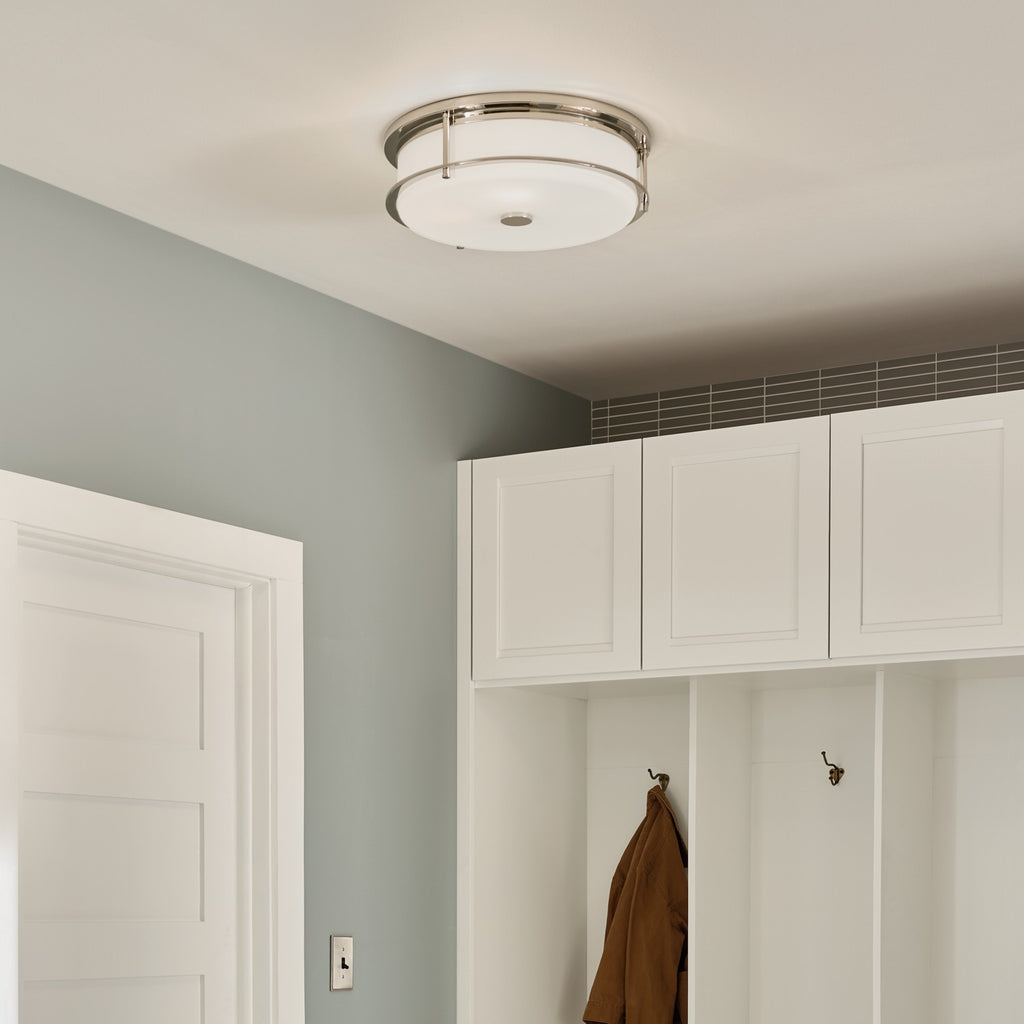 KICHLER 52597PN Brit 18 Inch 4 Light Flush Mount With Satin Etched Cased Opal Glass In Polished Nickel