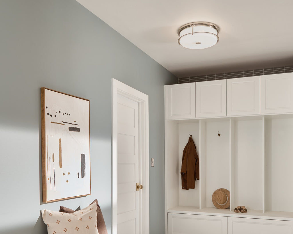 KICHLER 52597PN Brit 18 Inch 4 Light Flush Mount With Satin Etched Cased Opal Glass In Polished Nickel
