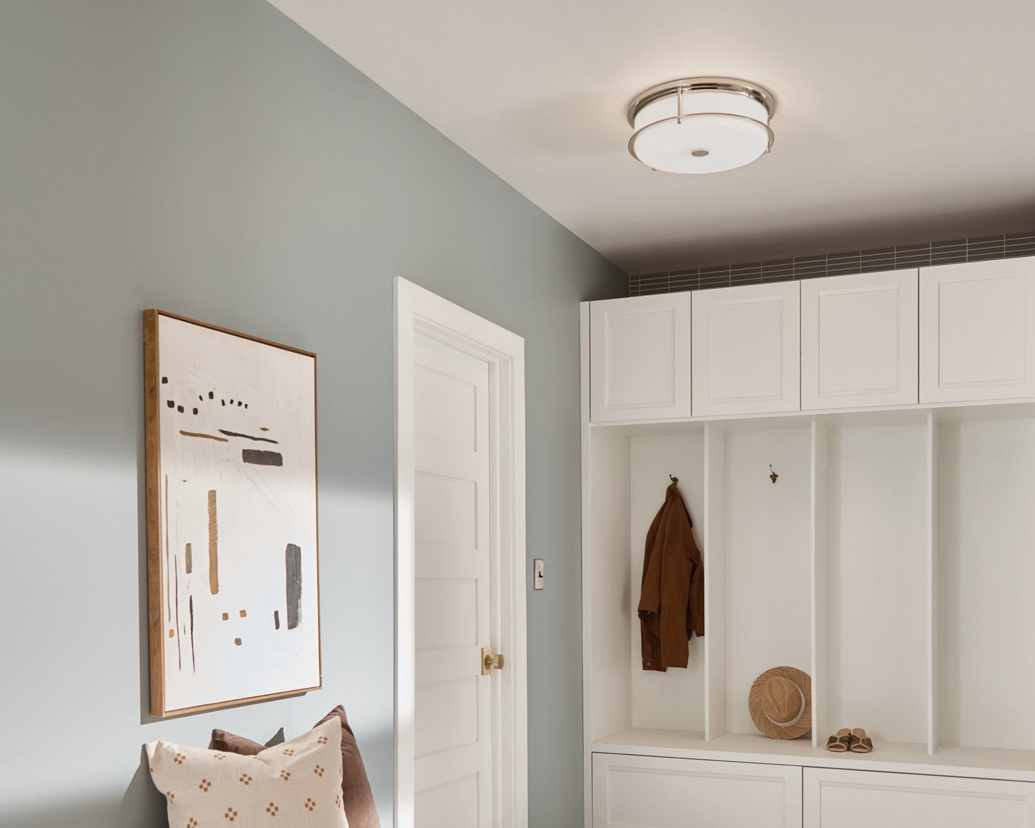 KICHLER 52597PN Brit 18 Inch 4 Light Flush Mount With Satin Etched Cased Opal Glass In Polished Nickel