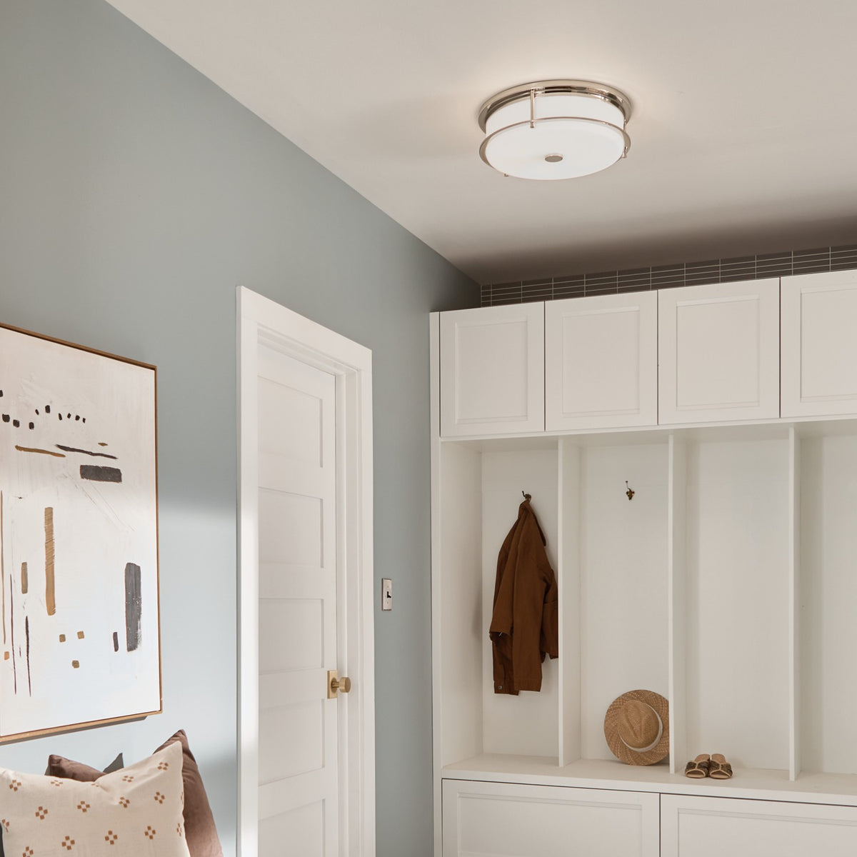 KICHLER 52597PN Brit 18 Inch 4 Light Flush Mount With Satin Etched Cased Opal Glass In Polished Nickel