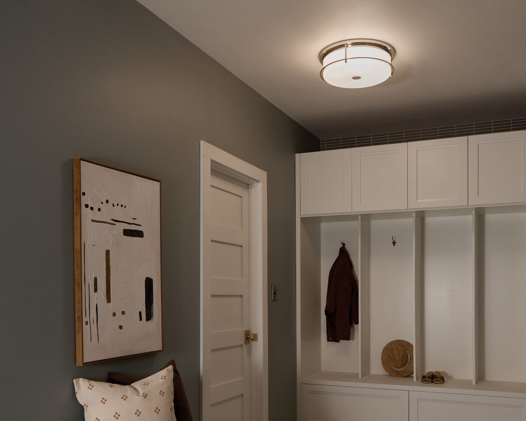KICHLER 52597PN Brit 18 Inch 4 Light Flush Mount With Satin Etched Cased Opal Glass In Polished Nickel