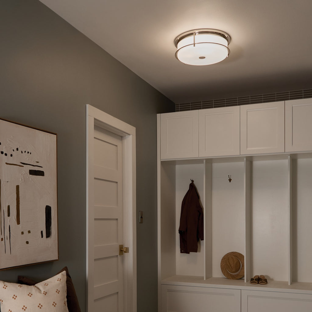 KICHLER 52597PN Brit 18 Inch 4 Light Flush Mount With Satin Etched Cased Opal Glass In Polished Nickel