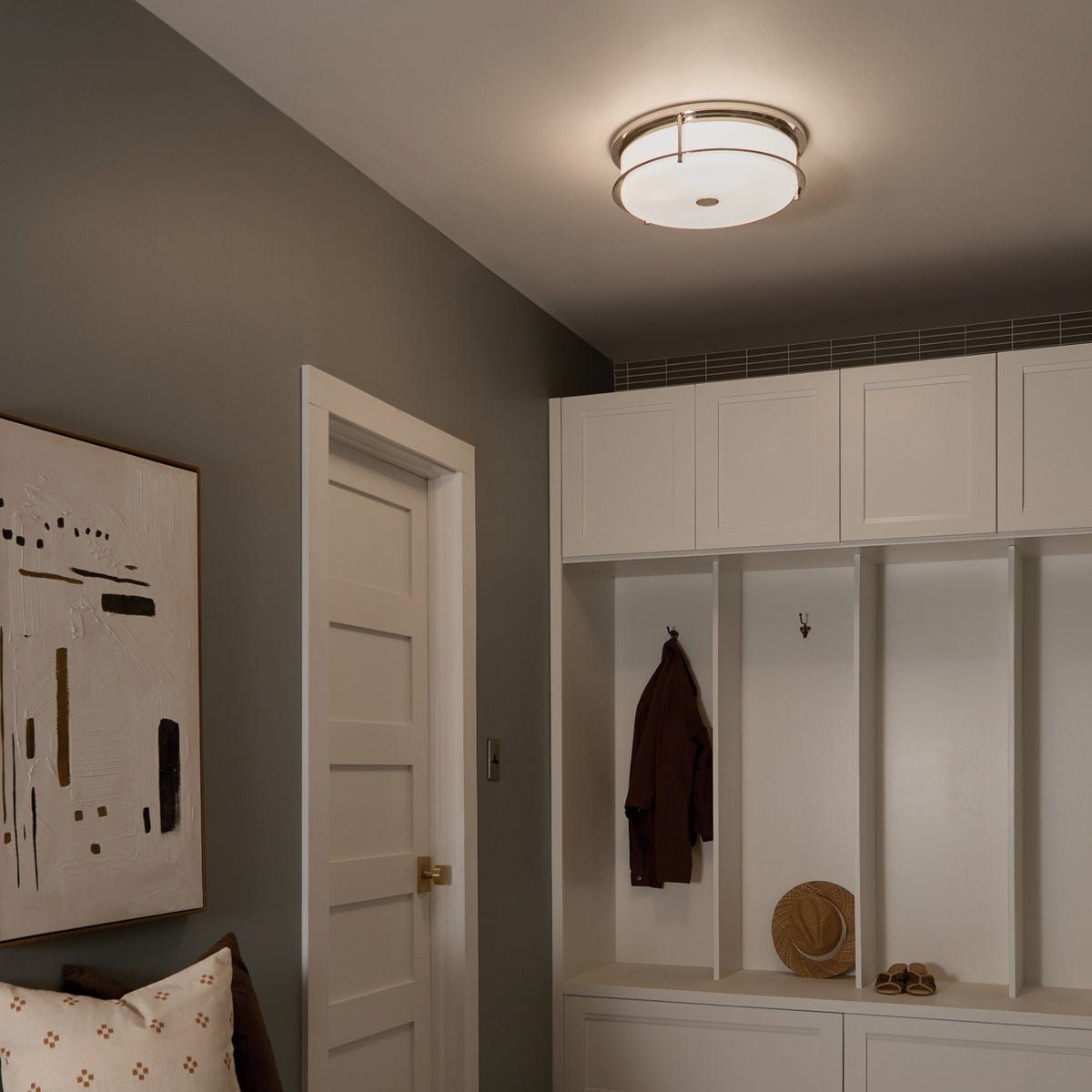 KICHLER 52597PN Brit 18 Inch 4 Light Flush Mount With Satin Etched Cased Opal Glass In Polished Nickel