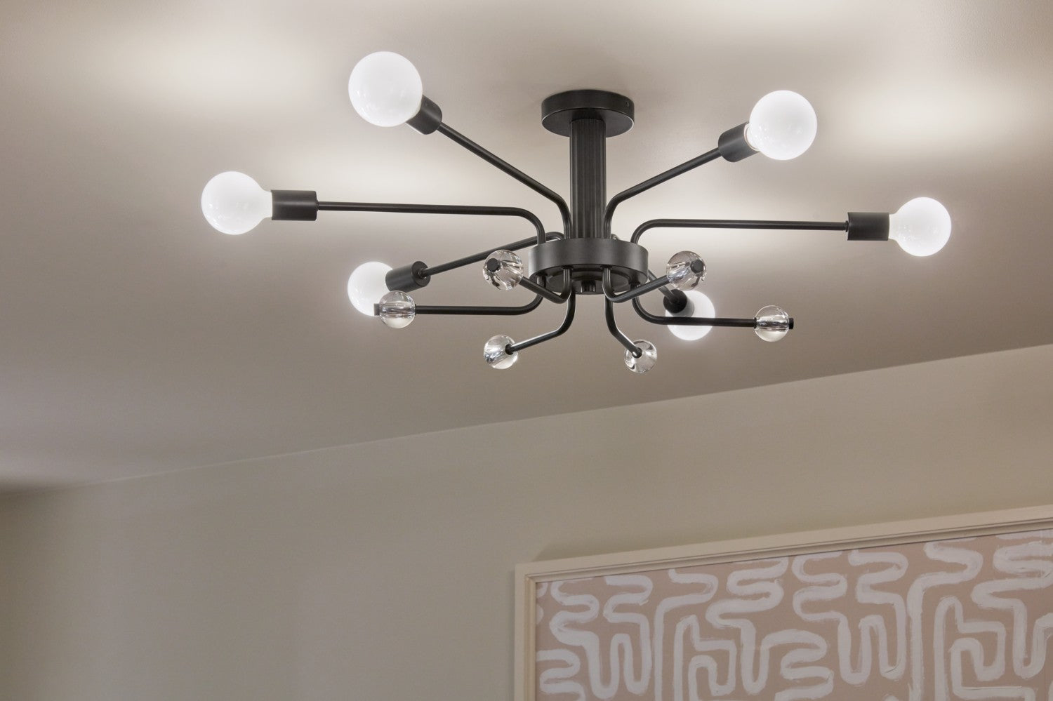 KICHLER 52602BK Ocala 41.25 Inch 6 Light Flush Mount With Clear Crystal In Black
