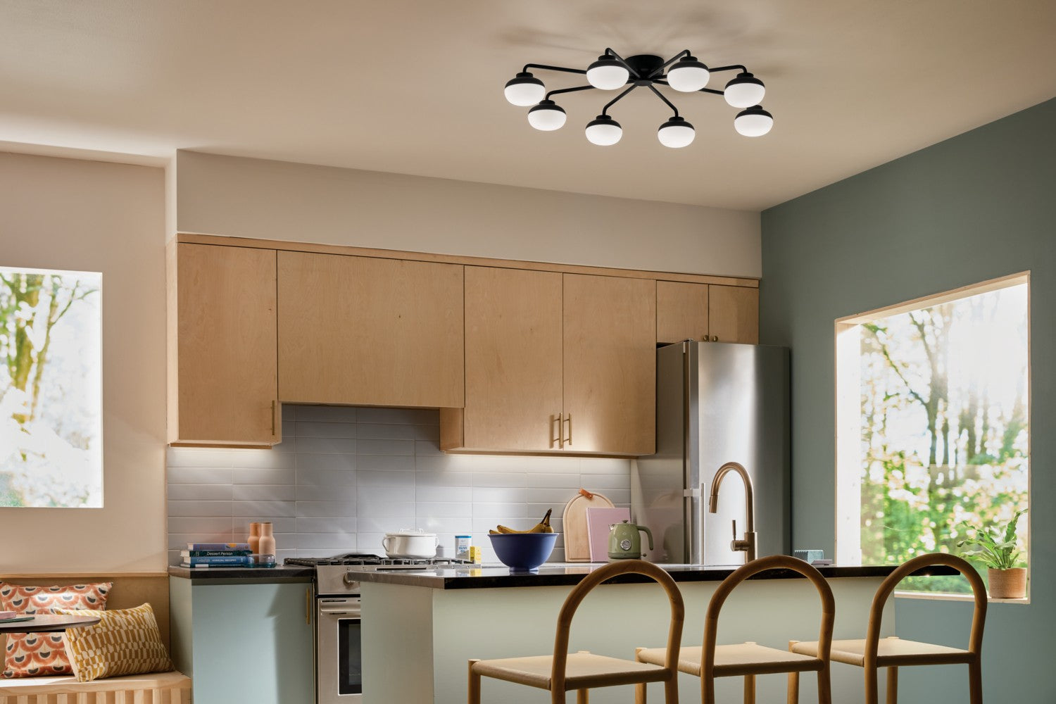 KICHLER 52608BK Remy 40.75 Inch 8 Light Led Flush Mount With Satin Etched Cased Opal Glass In Black
