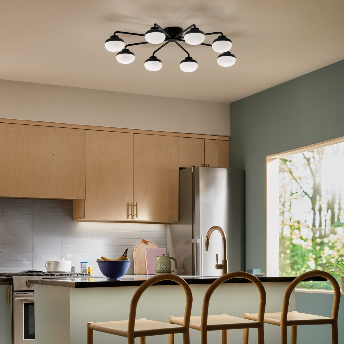 KICHLER 52608BK Remy 40.75 Inch 8 Light Led Flush Mount With Satin Etched Cased Opal Glass In Black