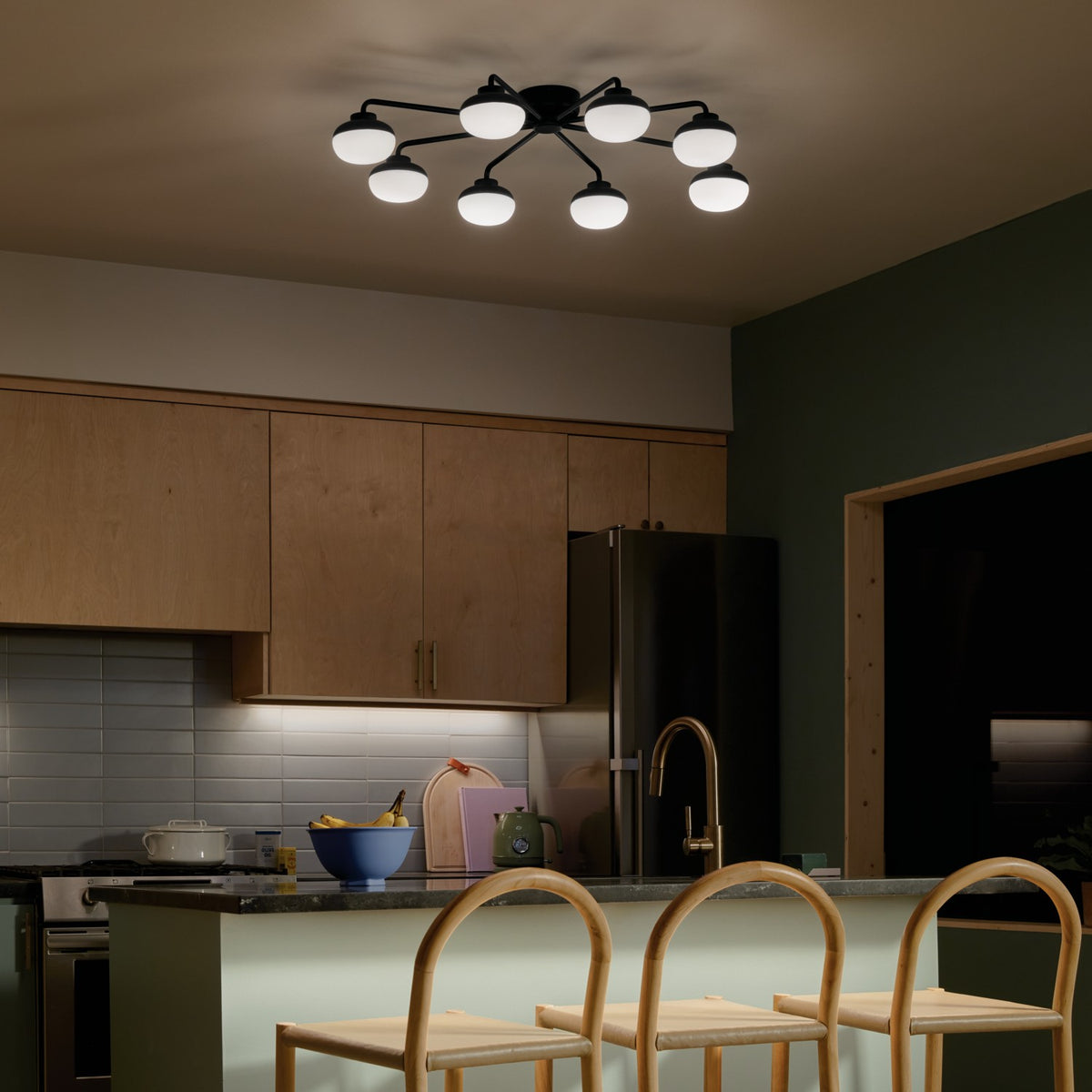 KICHLER 52608BK Remy 40.75 Inch 8 Light Led Flush Mount With Satin Etched Cased Opal Glass In Black