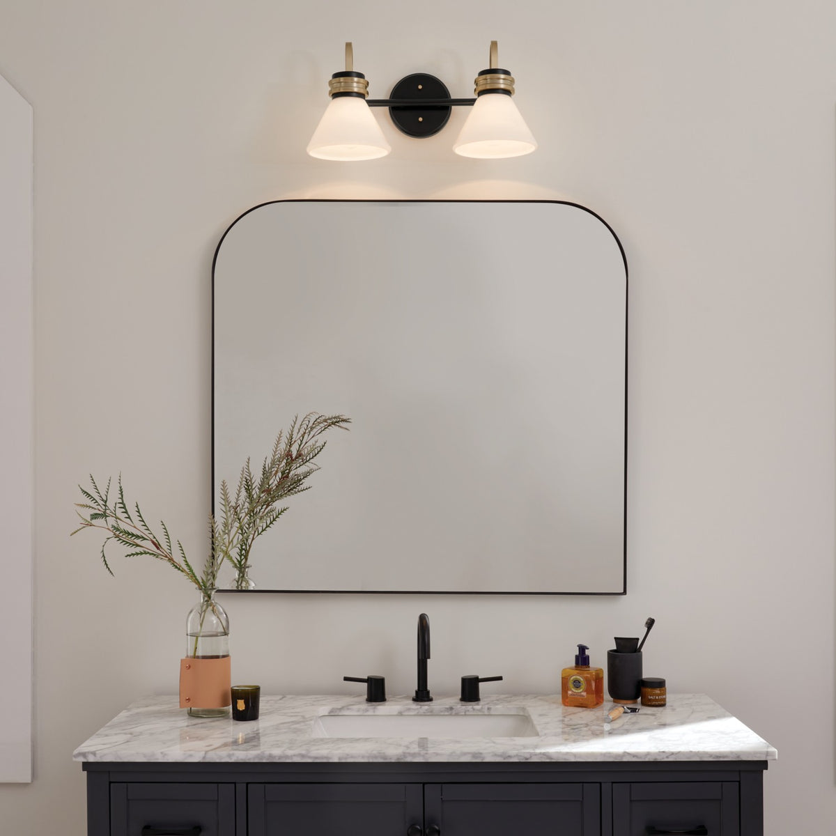 KICHLER 55154BK Farum 19.25 Inch 2 Light Vanity With Opal Glass In Black With Champagne Bronze