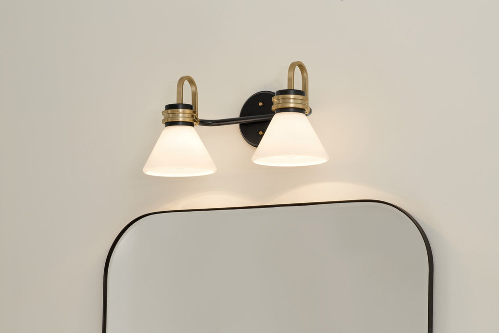 KICHLER 55154BK Farum 19.25 Inch 2 Light Vanity With Opal Glass In Black With Champagne Bronze