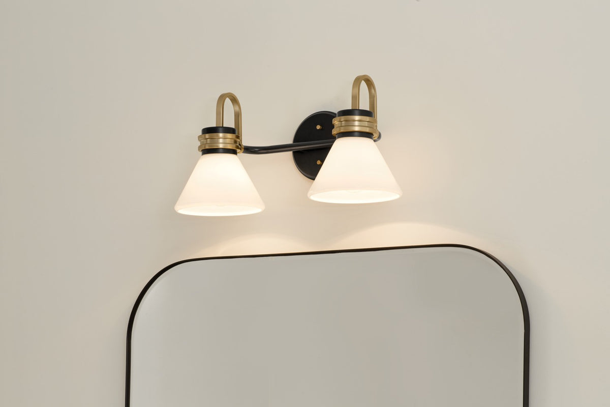 KICHLER 55154BK Farum 19.25 Inch 2 Light Vanity With Opal Glass In Black With Champagne Bronze
