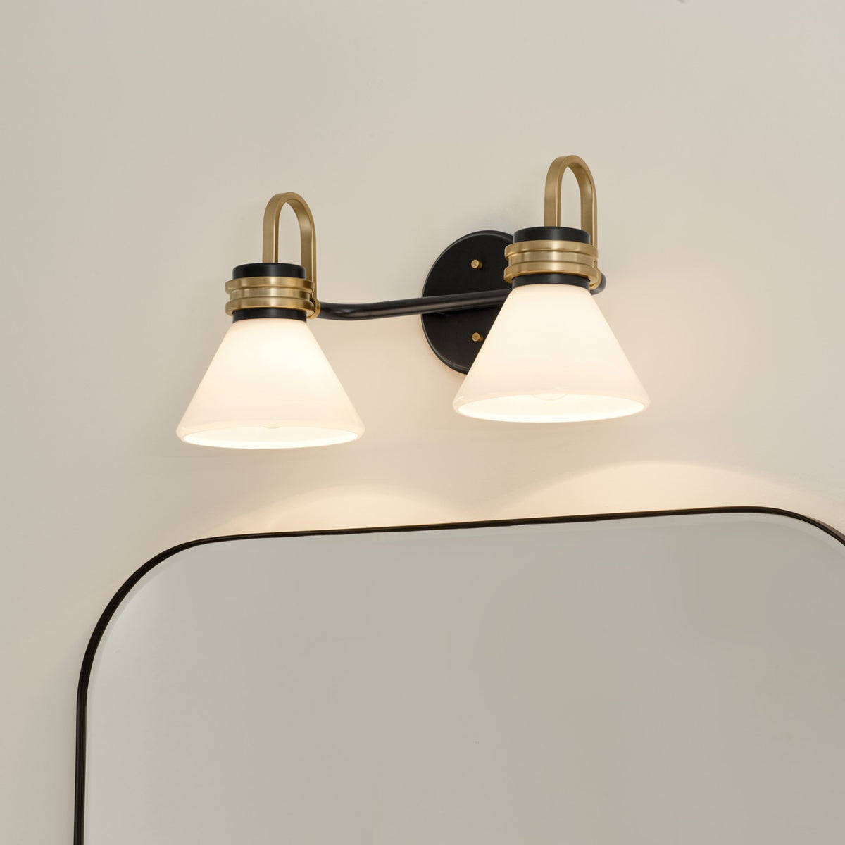 KICHLER 55154BK Farum 19.25 Inch 2 Light Vanity With Opal Glass In Black With Champagne Bronze