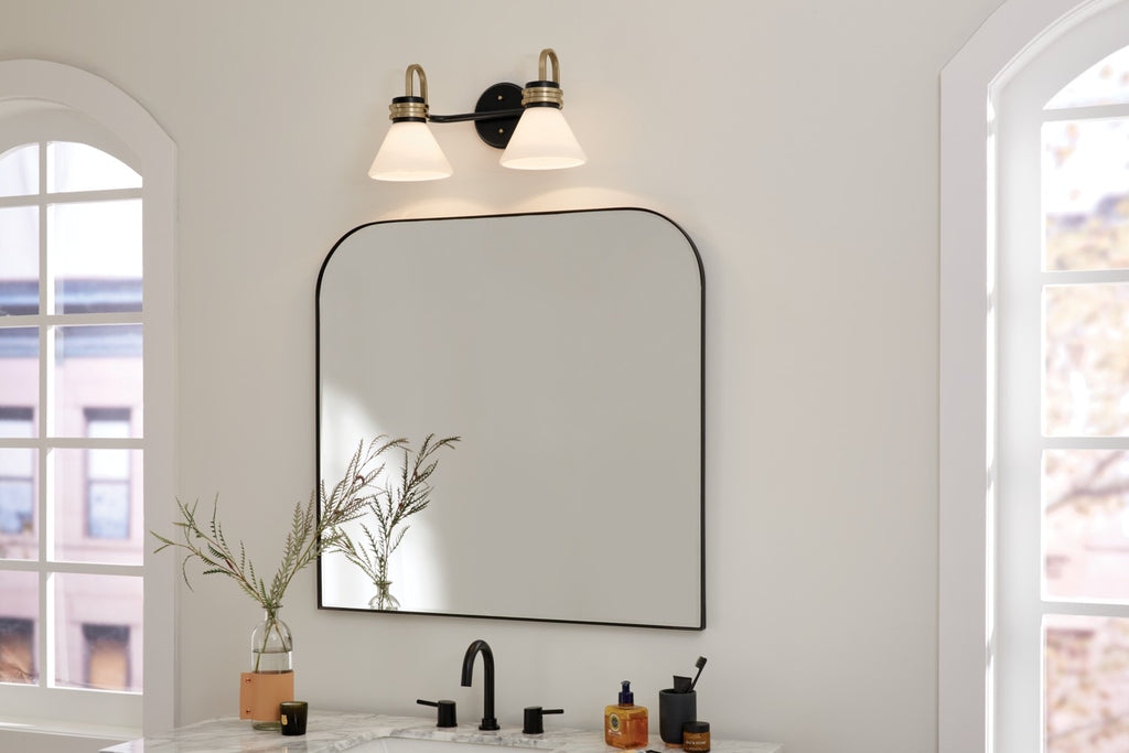 KICHLER 55154BK Farum 19.25 Inch 2 Light Vanity With Opal Glass In Black With Champagne Bronze
