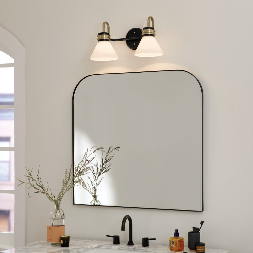 KICHLER 55154BK Farum 19.25 Inch 2 Light Vanity With Opal Glass In Black With Champagne Bronze