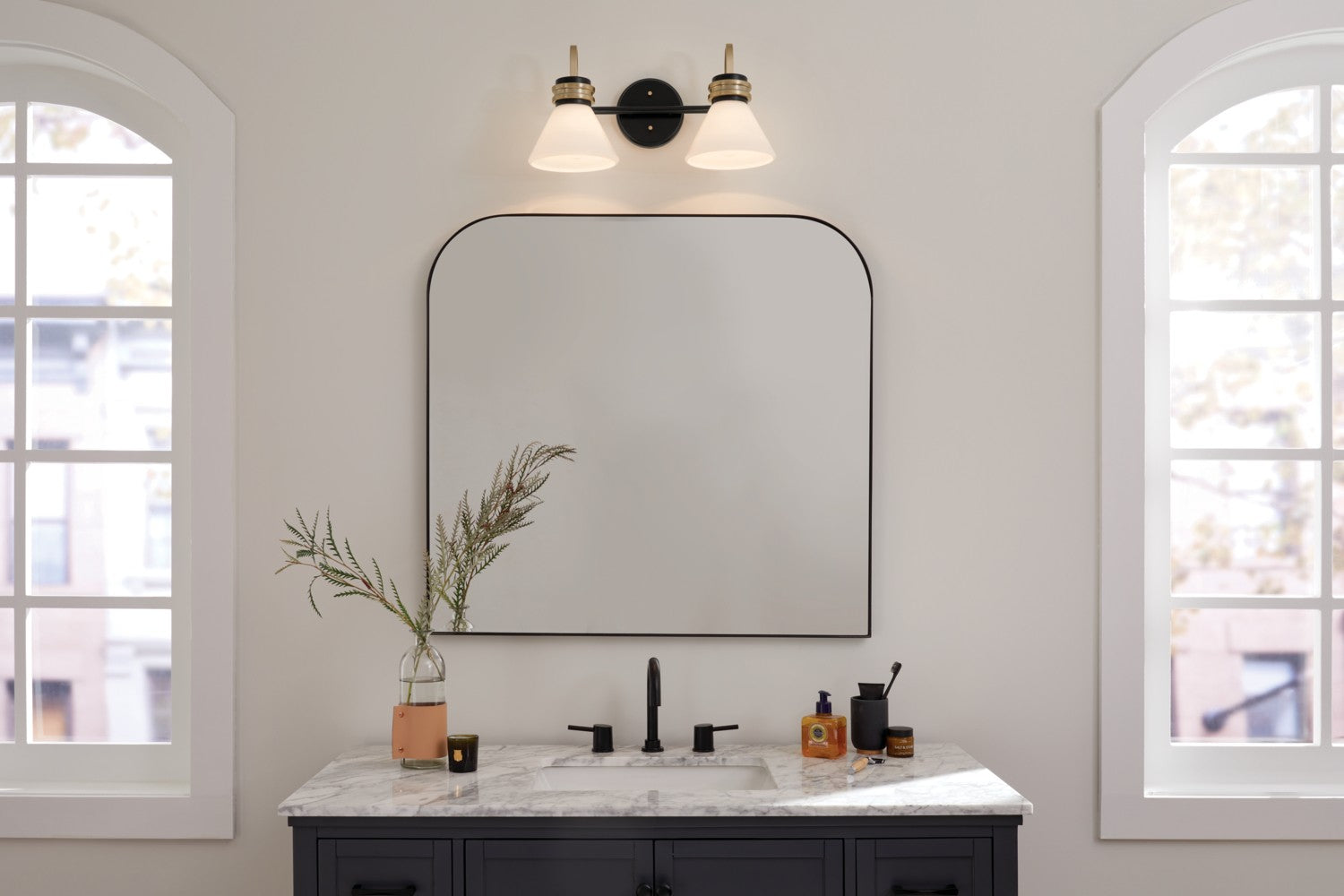 KICHLER 55154BK Farum 19.25 Inch 2 Light Vanity With Opal Glass In Black With Champagne Bronze