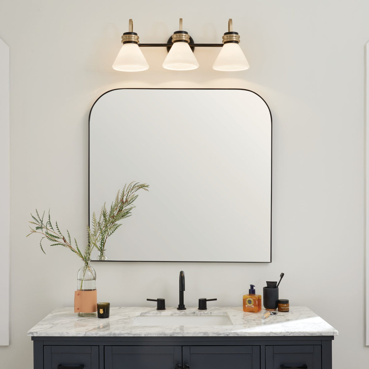 KICHLER 55155BK Farum 26 Inch 3 Light Vanity With Opal Glass In Black With Champagne Bronze
