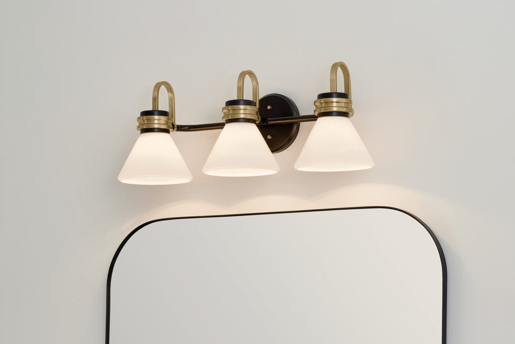 KICHLER 55155BK Farum 26 Inch 3 Light Vanity With Opal Glass In Black With Champagne Bronze
