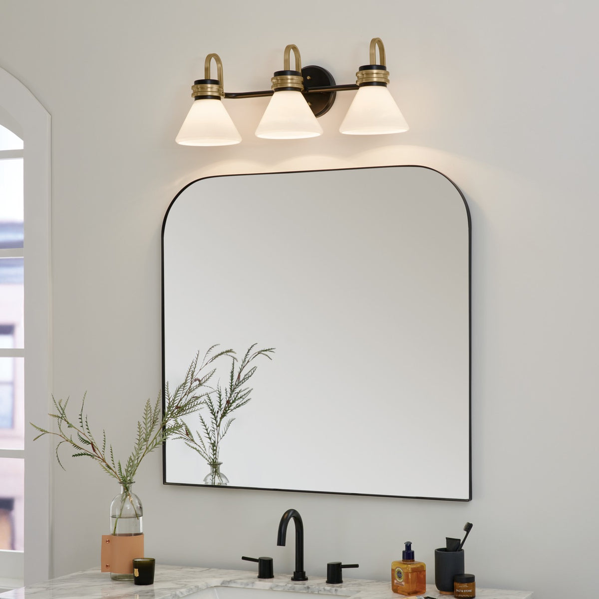 KICHLER 55155BK Farum 26 Inch 3 Light Vanity With Opal Glass In Black With Champagne Bronze