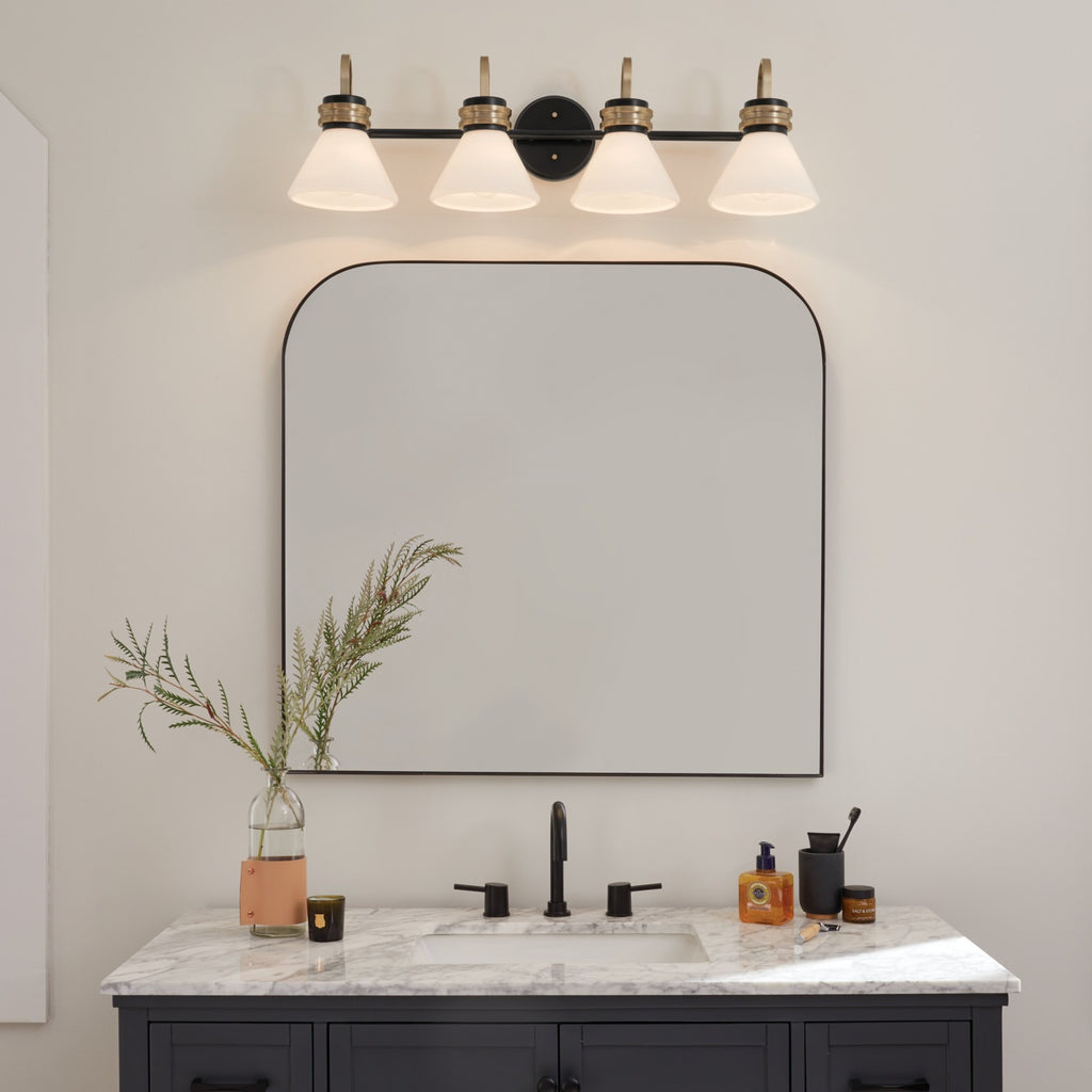 KICHLER 55156BK Farum 34 Inch 4 Light Vanity With Opal Glass In Black With Champagne Bronze