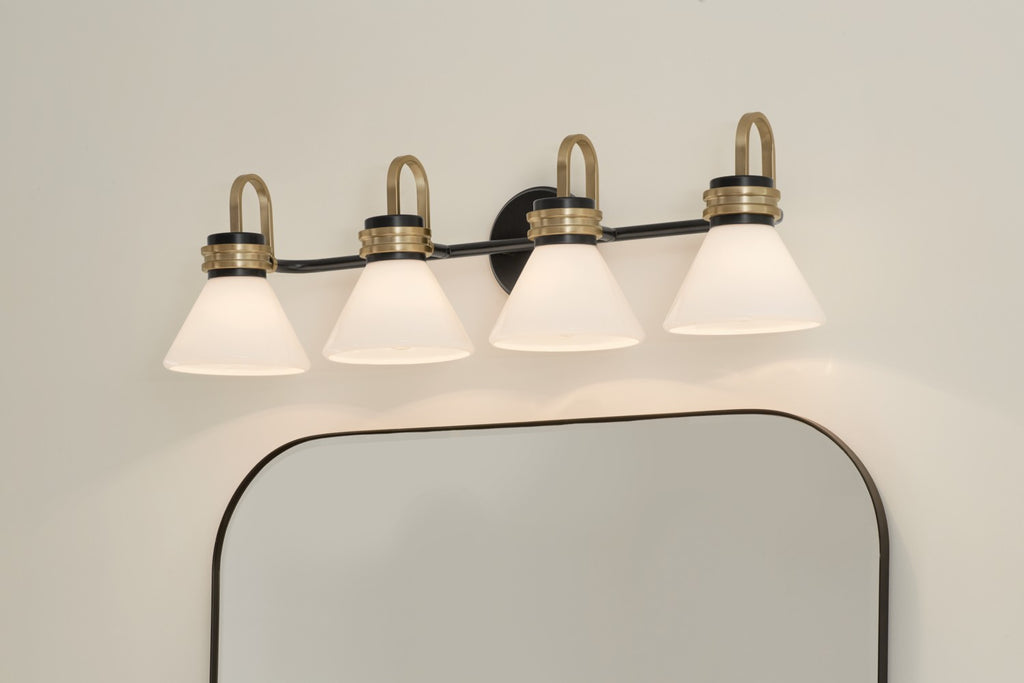 KICHLER 55156BK Farum 34 Inch 4 Light Vanity With Opal Glass In Black With Champagne Bronze