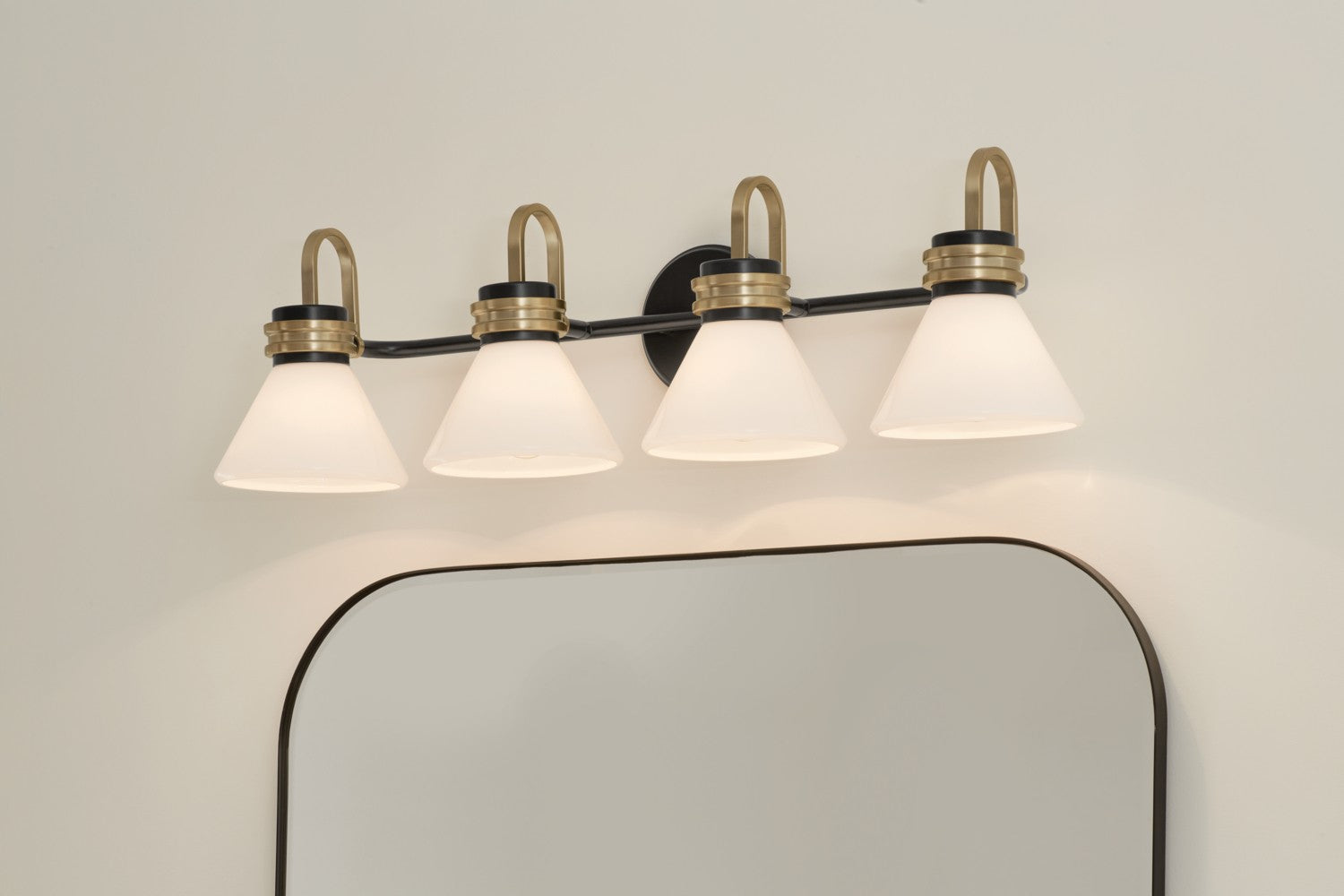 KICHLER 55156BK Farum 34 Inch 4 Light Vanity With Opal Glass In Black With Champagne Bronze