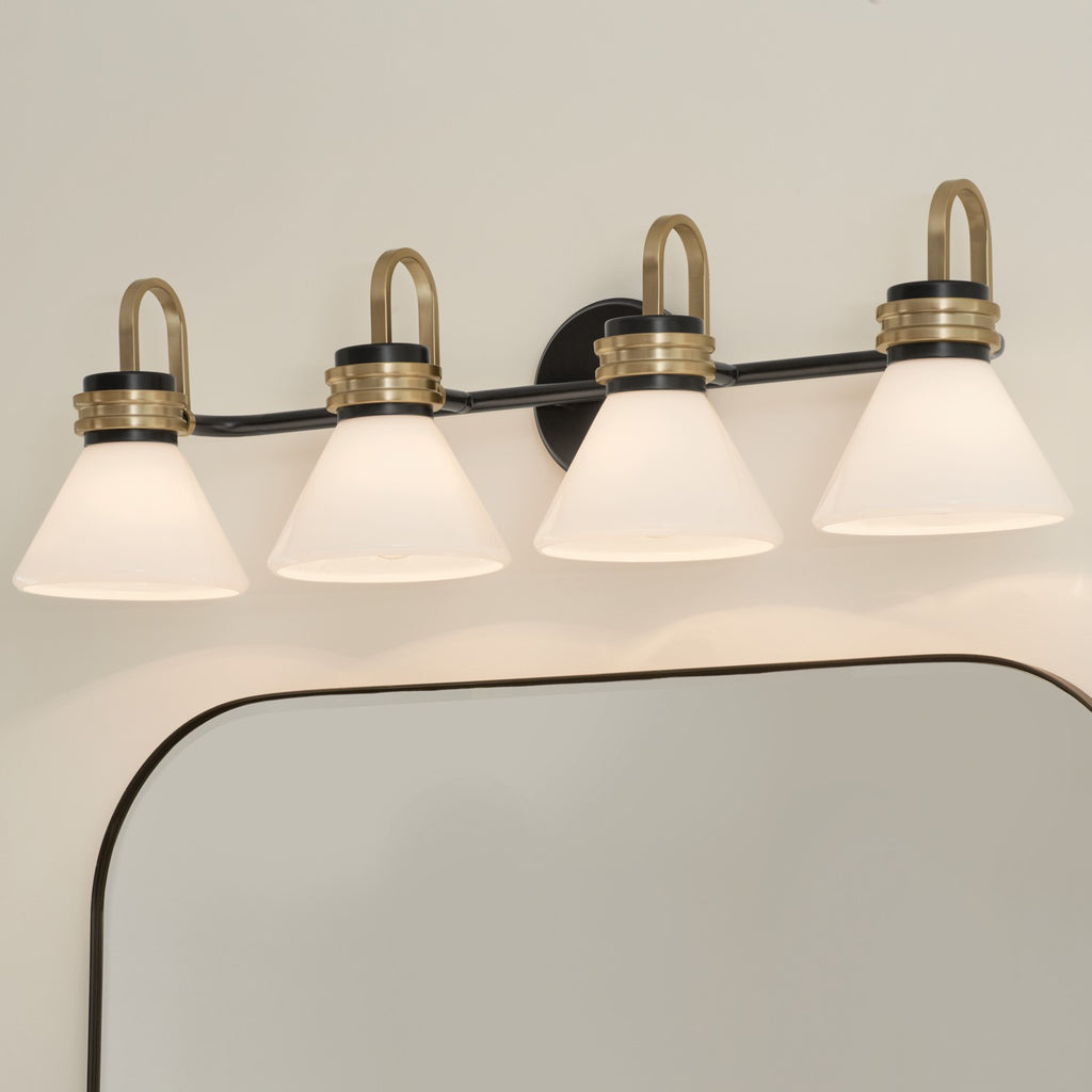 KICHLER 55156BK Farum 34 Inch 4 Light Vanity With Opal Glass In Black With Champagne Bronze