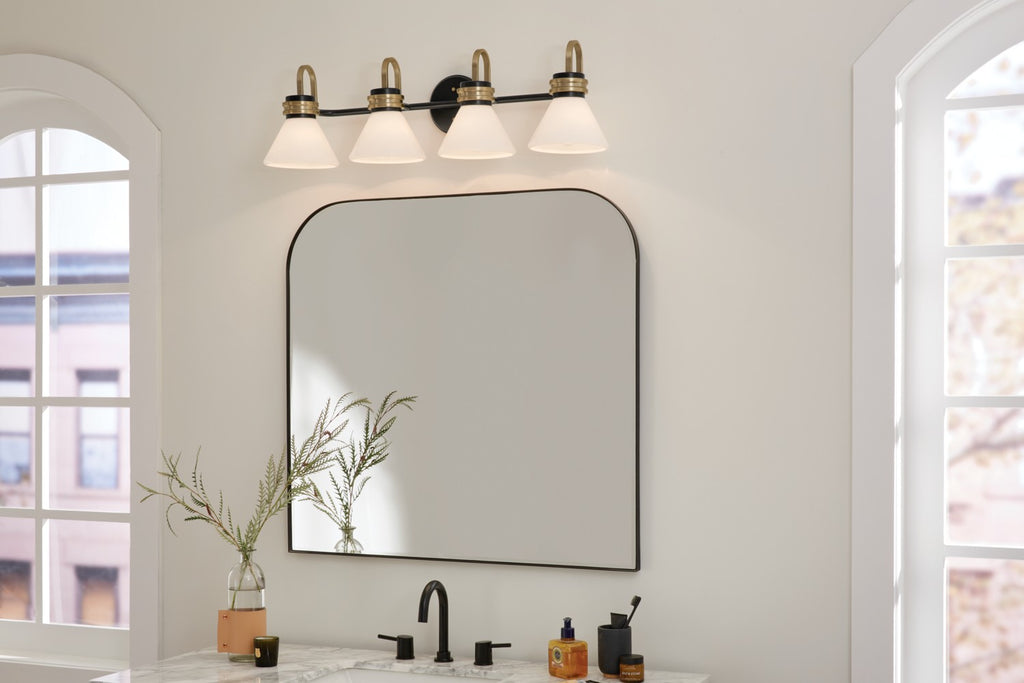 KICHLER 55156BK Farum 34 Inch 4 Light Vanity With Opal Glass In Black With Champagne Bronze